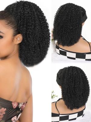 Synthetic Wig 12-inch Short Ponytail Afro Puff Kinky Curly Drawstring Ponytail Clip In Hair Extensions Natural Hairpiece Pony Tail For Women