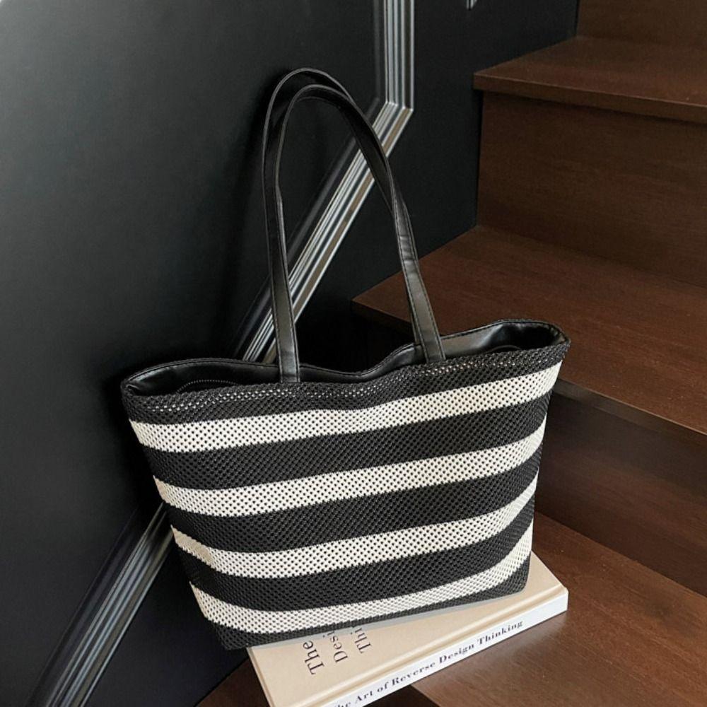 Korean Style Black and White Striped Tote Bag Large Capacity Hollow Shoulder Bag Girls