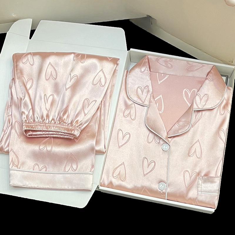 Sexy Nightwear Women Soft Fashion Homewear Love Print Cardigan Lapel Short-Sleeved Trousers Ladies Pajama Girl Sleepwear