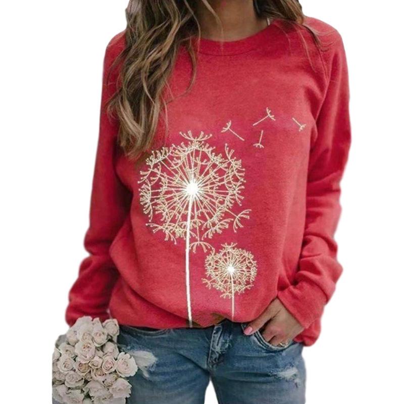 Women's Autumn/Winter 2024 Dandelion Print Crew Neck Sweatshirt - Loose Casual Fit