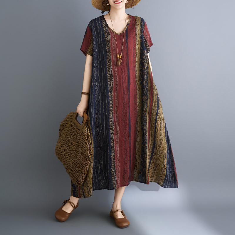 

26 Summer Ethnic Pattern Resort V-neck Retro Irregular Long Cotton Linen Dress Plus Size