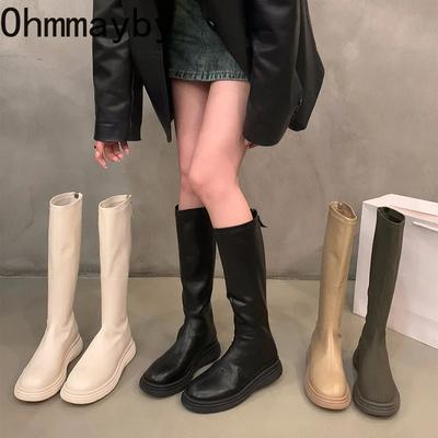 Neue Herbst-Frauen-hohe Stiefel Mode Damen weiches Leder Wohnungen lange Stiefel zurück Reißverschlüsse Damenschuhe
