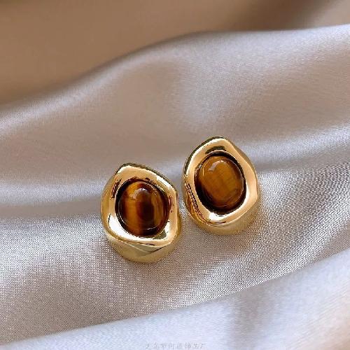 Silver Needle Resin Tiger's Eye Stone Round Leopard Pattern Earrings Retro Maillard Earrings Niche High-end Earrings