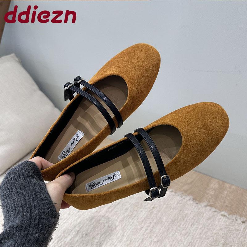 Fashion New Fashion Flock Women Ballet Flats Dance Shoes Round Toe Female Shallow Footwear Buckle Strap Ladies Mary Janes Flats Shoes