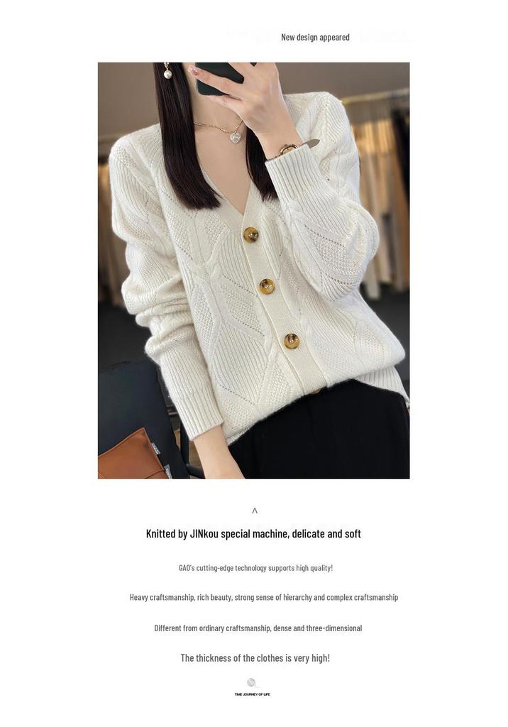 Women's Long Sleeve V-Neck 100% Pure Wool Cardigan - Autumn/Winter Loose Knit Sweater Coat