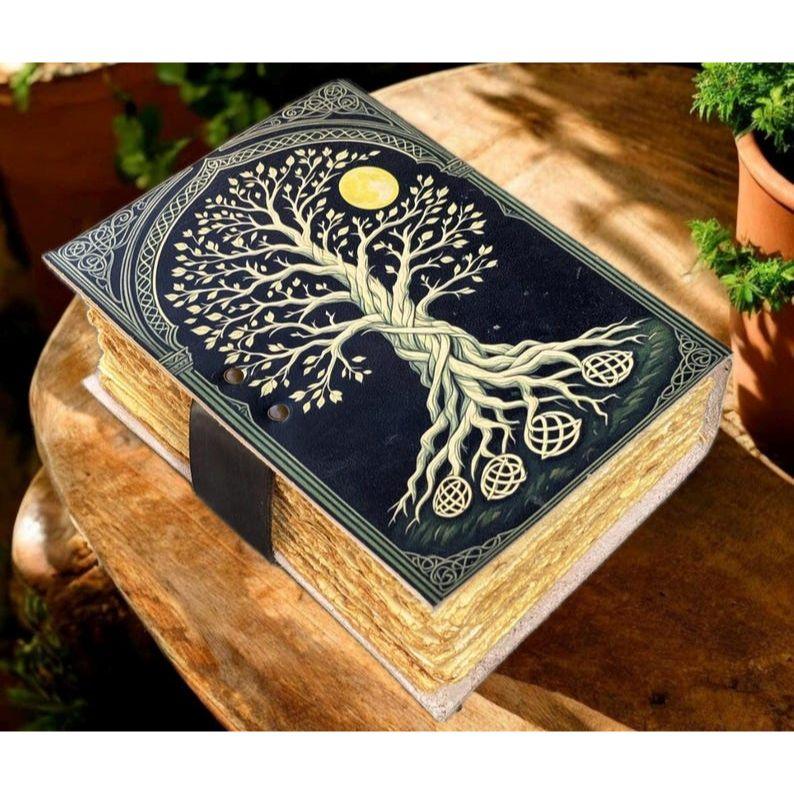 400 Page Large Grimoire Leather Journal, Print Tree of Life Journal, Blank Spell Book Book of Shadows Leather Celestial Gifts For Him Her.
