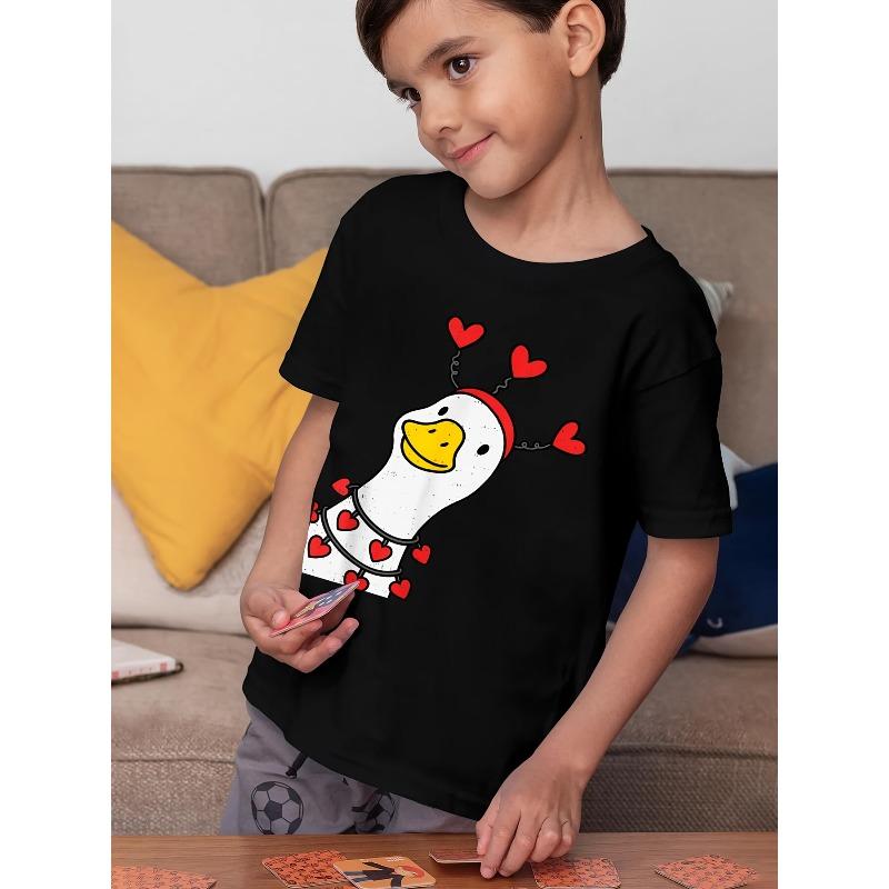 European sizes Boys & Girls Cute Goose Duck Valentines Day T-Shirt - Retro Short Sleeve Shirt with Goose & Duck Graphics, Round Neck Casual Top