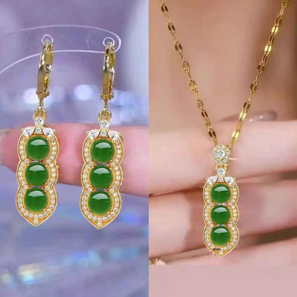 Copper-Plated 18K Inlaid Imitation Jade Bean Necklace - Four Seasons, High-End Niche Design for Women