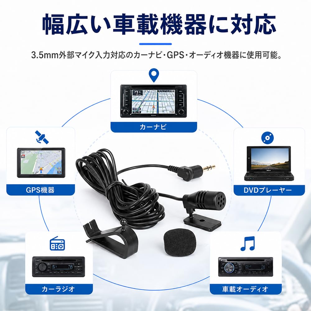 Mini Microphone for Car Navigation 3m High Voice Car Microphone with Clip Base and Windproof Sponge Systems, 3.5mm Connector, Cable, Omnidirectional,