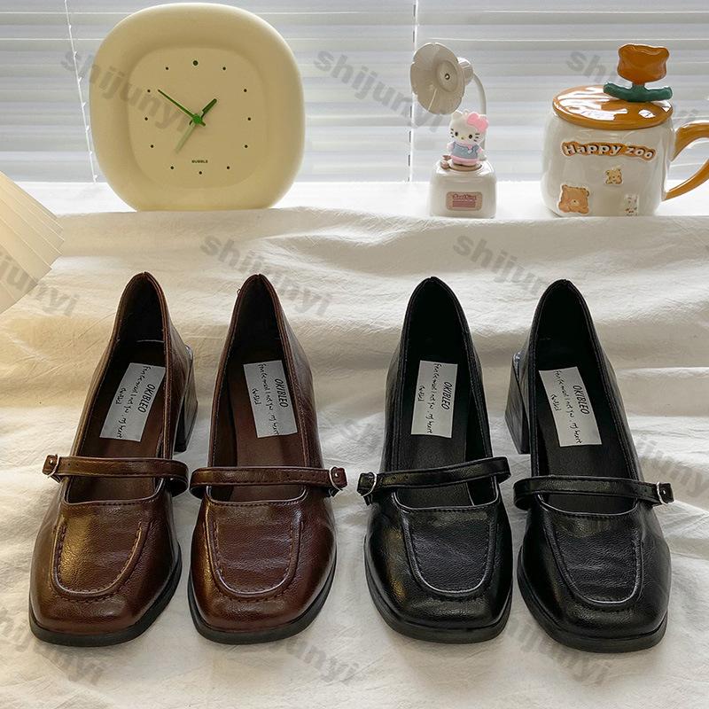 Fashion Women Vintage Square Head Mary Jane Shoes Spring Fashion Shallow Ladies British Style Elegant Square Heel Single Shoes Pumps