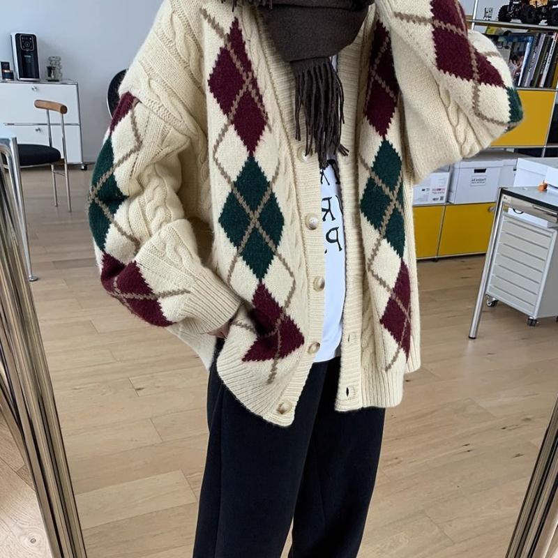 Argyle Design V-Ausschnitt Strickjacke Damen Einfach Vielseitig Damen Pullover Mantel Herbst Winter Täglich Schickes Oberteil