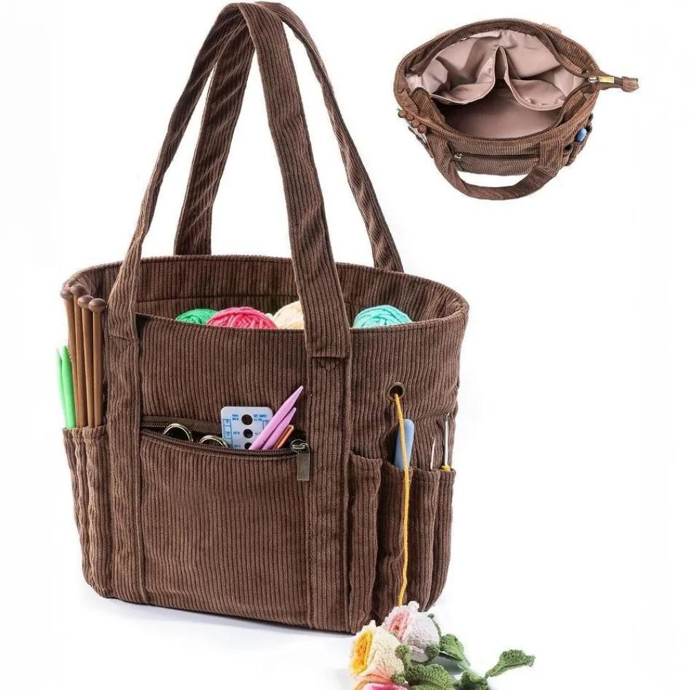 

Portable Large Capacity Crochet Yarn Storage Bag Multiple Pockets Craft Storage Yarn Bag Organizer Washable Corduroy Material