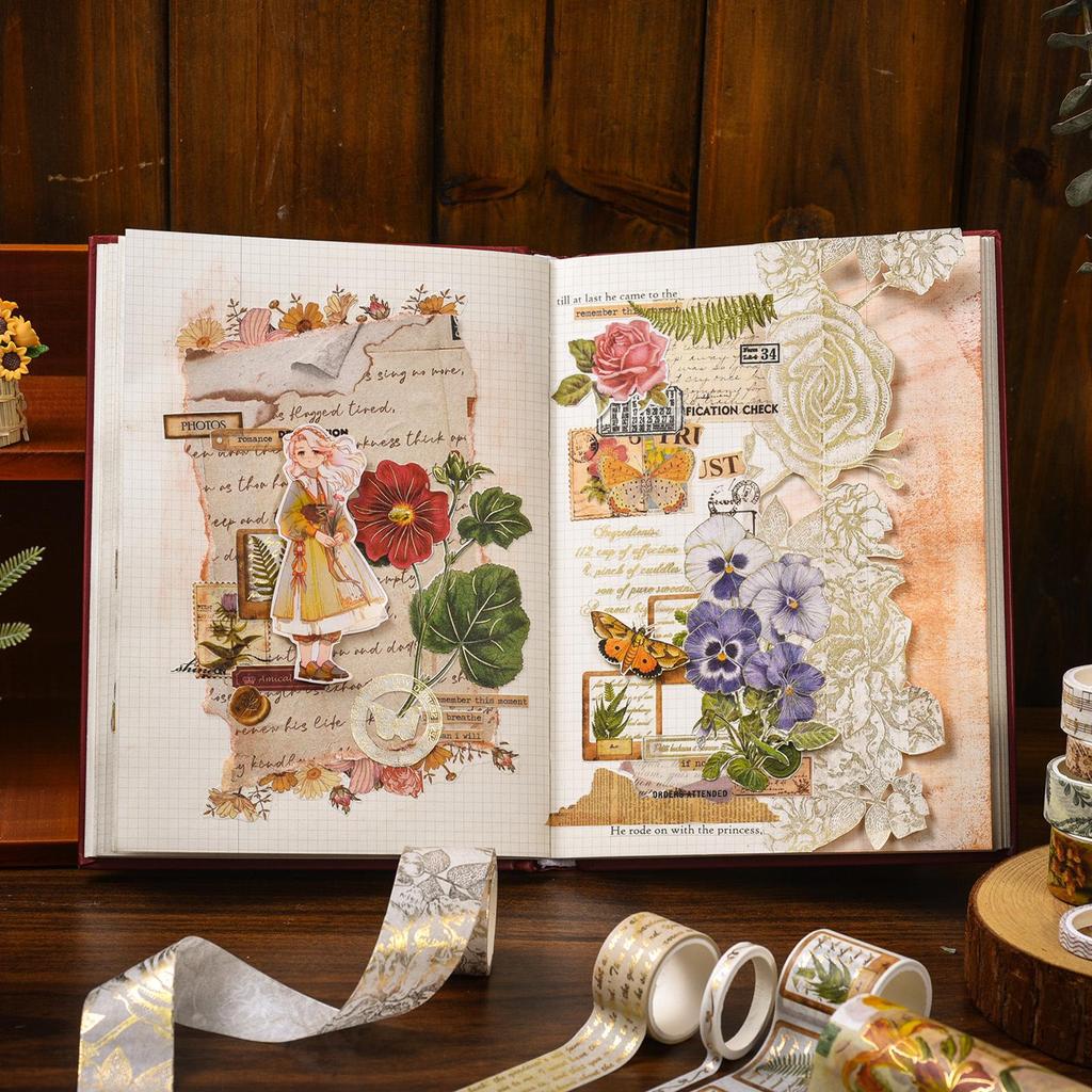 AGUGU Story Collection Gold Foil Retro Journal Washi Tape & DIY Decorative Stickers Set