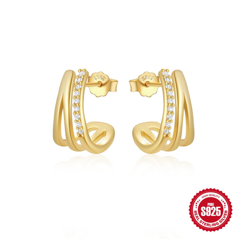 Trendy Fashion S925 Sterling Silver Geometric Elements Three-Claw Diamond Versatile Earrings Ear Hook Earrings