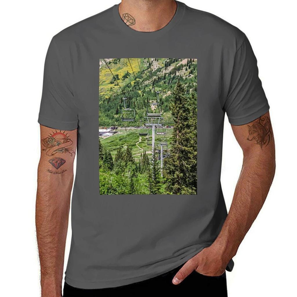 Empty Chairlifts in Summer TShirt Regular Fit Plain Tee Shirt TShirt