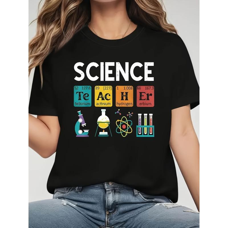

European sizes Graphic Print with Scientific Elements | Short Sleeve Crew Neck Casual Top for Women, Ideal for Spring/Summer 4XL