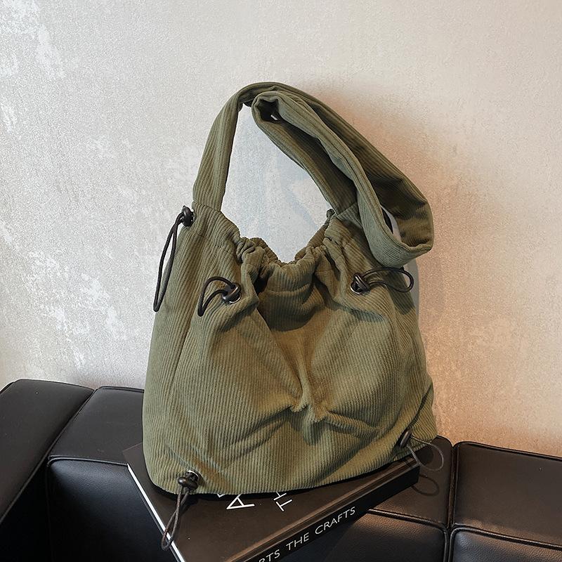 Autumn and Winter New Corduroy Tote Bag Women's Niche Drawstring Design Shoulder Bag Large Capacity Messenger Bag Commuting Versatile