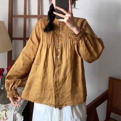 Spring Women Shirts Tops Vintage Ruffles Casual Loose Pleated Solid Color All Match Women Blouses