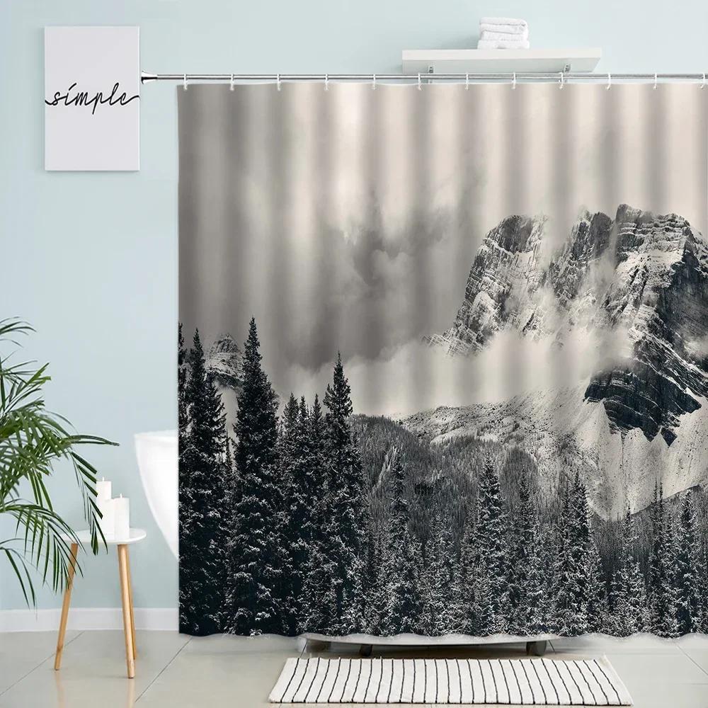 Fog Forest Shower Curtain Mountain Birds Winter Landscape Bath Curtains Modern Rural Nature Scenery Fabric Bathroom Decor Sets
