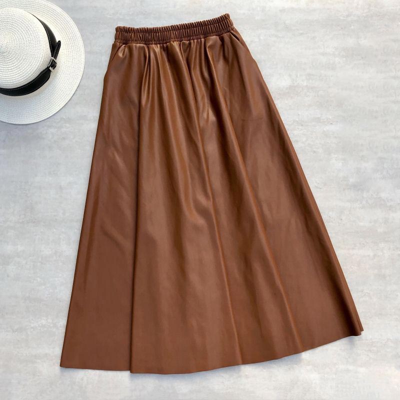 Women's Winter Faux Leather Pleated High Waist A-Line Midi Skirt Long Skirt