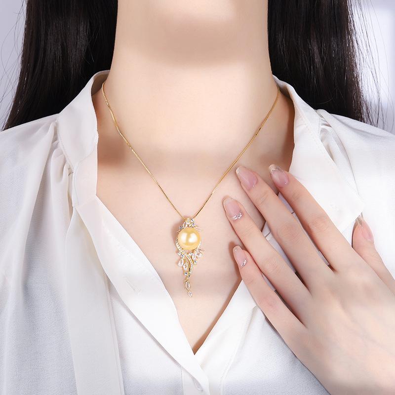 Jewelry Copper Gold Plated Inlaid Shell Beads Korean Edition Fashion Handmade Diamond Inlaid Women'S Pendant Necklace 14Mm
