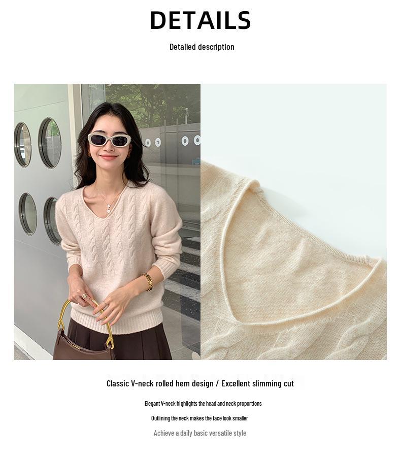 Women's V-Neck Cashmere Sweater - Autumn/Winter Warm, Elegant Knit, Solid Color, Thick Cable Knit Base Layer Top