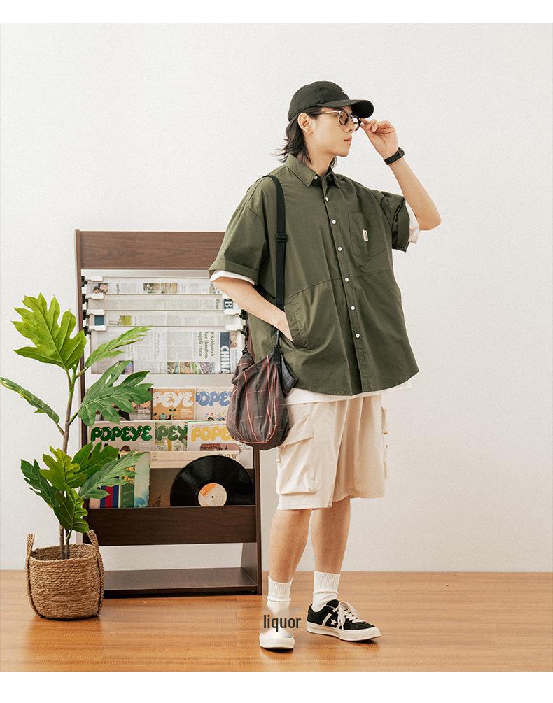 Hanlu Heren Japans Stijl Patchwork Kortmouw Werkkleding Shirt met Dubbele Zijzakken