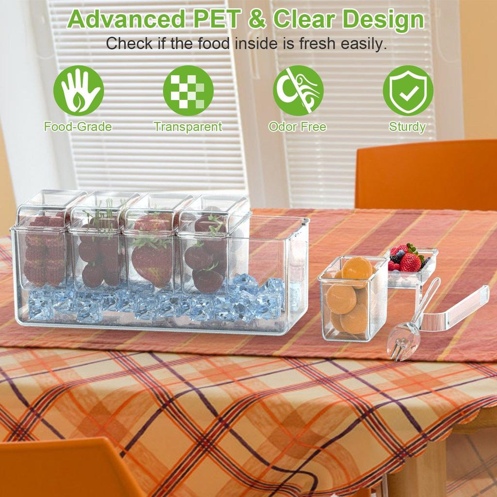 For Ice Chilled Condiment Caddy Serving Tray Container Bar Garnish Holder Salad Platter Server Food Storage with 5 Removable Con