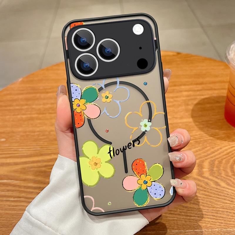Colorful Flowers Pattern Case For iPhone 17 Pro Max Case iPhone 16 Pro Max 15 14 13 16E 17E Magnetic For Magsafe Hybrid Matte Cover