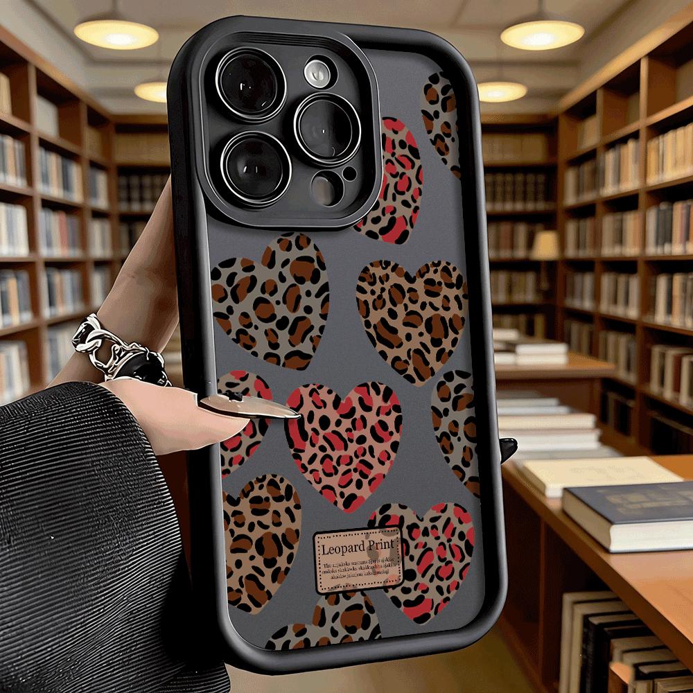 Leopard Print Heart Pattern Soft TPU Phone Case for iPhone 17 16 15 14 13 12 11 Pro Max Plus Shockproof Anti-Slip Cover