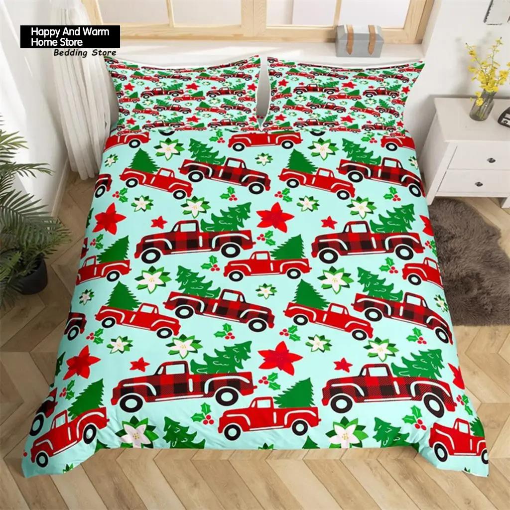 Christmas Tree Santa Claus Duvet Cover Twin King Queen Boys Christmas Bedding Set Polyester Botanical Racing Car Comforter Cover