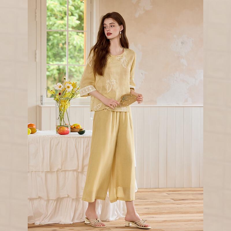 New Chinese Style Ramie Embroidered Two-Piece Set
