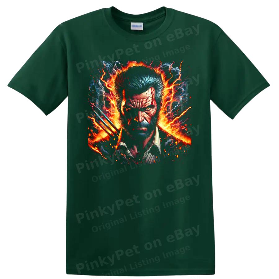 Superhero WolverineT Shirt Fiery Lightning City Comic Art Graphic Bold Tee