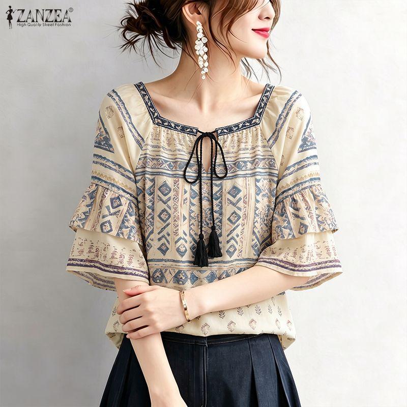 ZANZEA Women Summer Casual Square Collar Half Sleeve Loose Ethnic Print Blouse