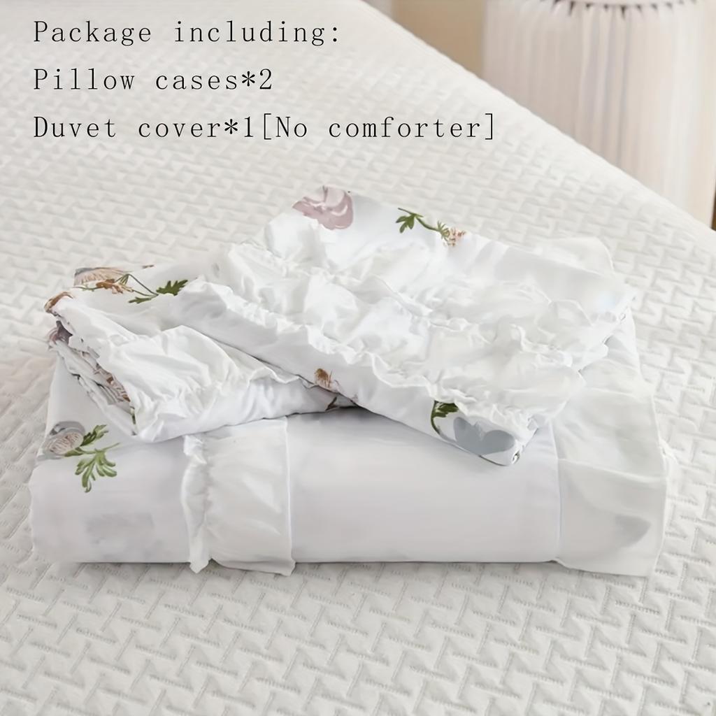 3 pieces of simple polyester white floral lotus leaf trim duvet cover set (1 duvet cover +2 pillowcases, no core)