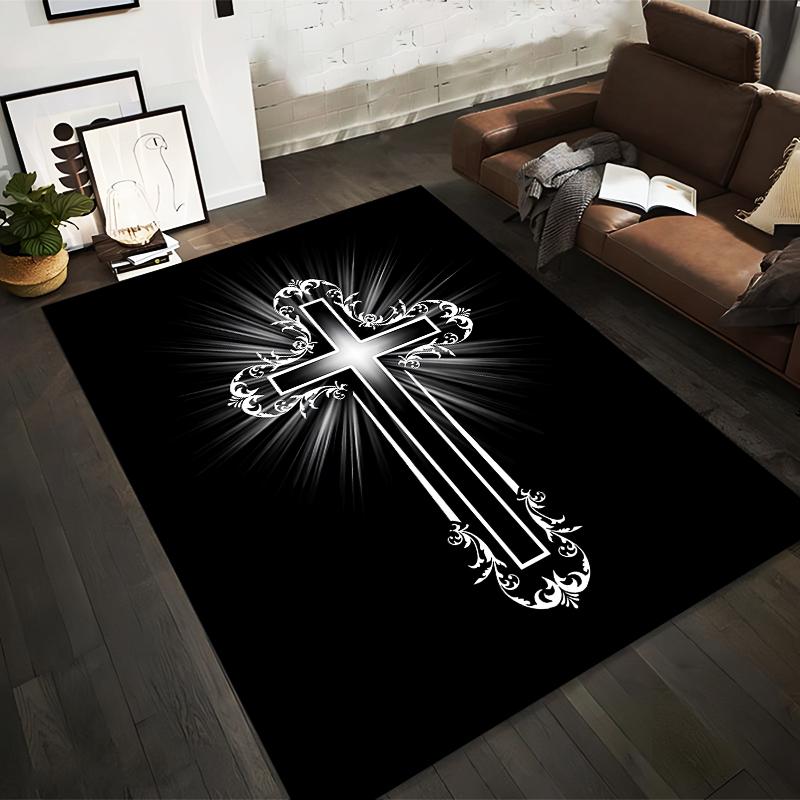 Elegant Cross with Radiant Floral Design Non-slip Rug Suitable for Living Room and Bedroom Sofas.