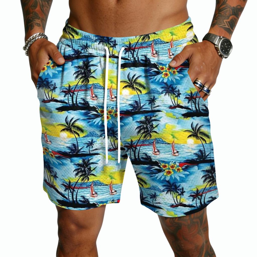 Mens Casual Drawstring Shorts Lightweight Quick Dry Five Inch Shorts with Elastic Waistband and Hawaiian Print for Summer Beachwear