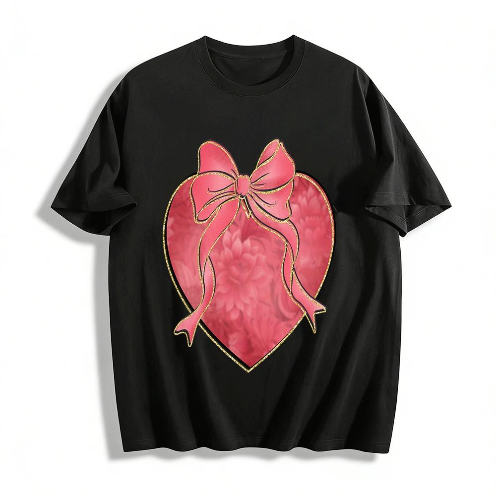 Gold Glitter Bow Heart Print Casual Top Pure cotton T-shirt XXS