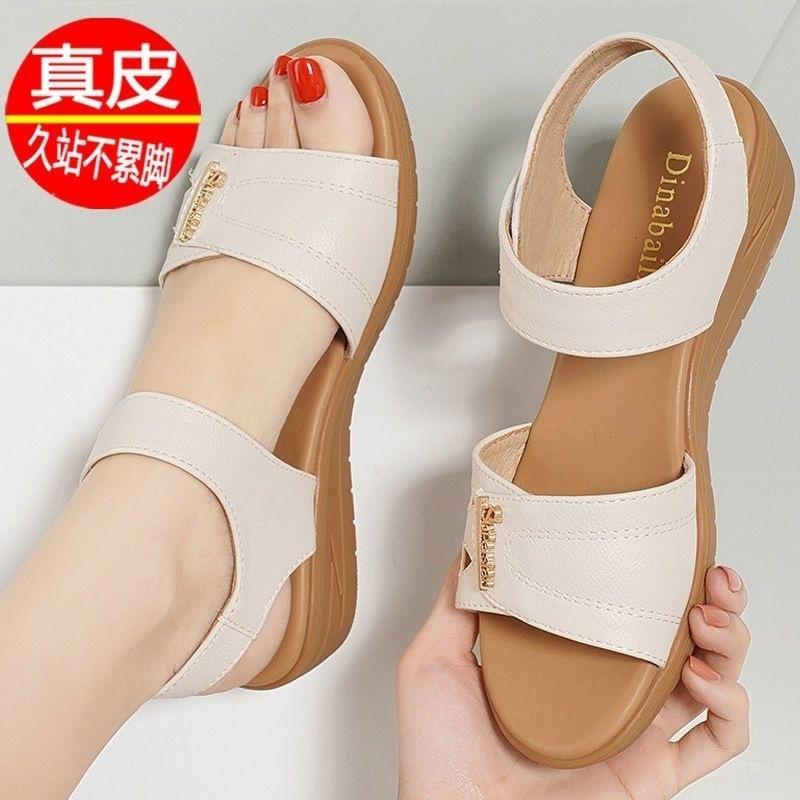 Leather beef tendon sole wedge sandals women's summer soft sole 2025 new versatile fashion mother shoes flat sole comfortable and non-slip