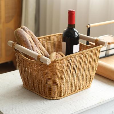 Imitation Rattan Storage Basket Bin with Handles Vintage Container Bathroom Vanity Organizer