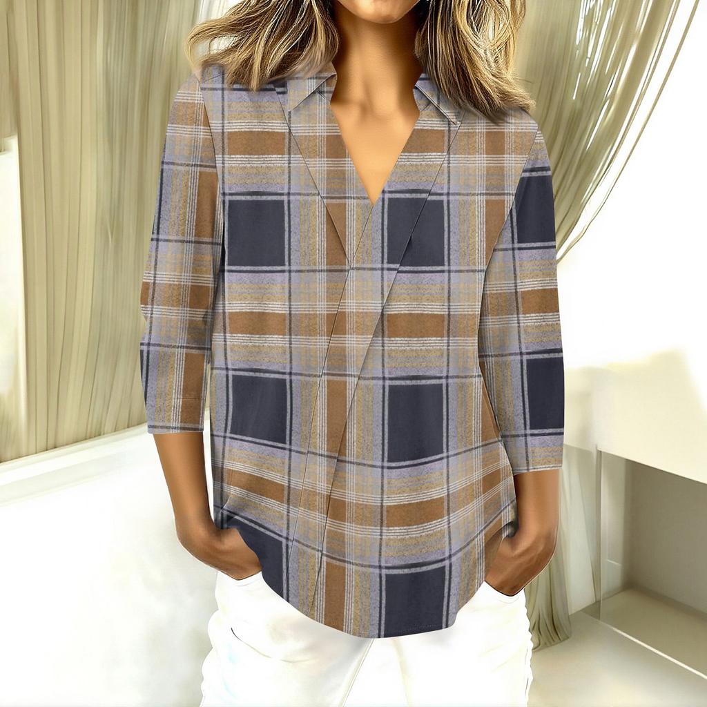 3/4-Ärmel Damenoberteile V-Ausschnitt Shirts Trendy Bedruckte Business Casual Arbeitsblusen