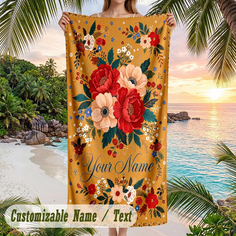 Floral Art Card 5 Theme Quick Dry Beach Towel Custom Name Text Print Large Sand Resistant Towel Beach Vacation
