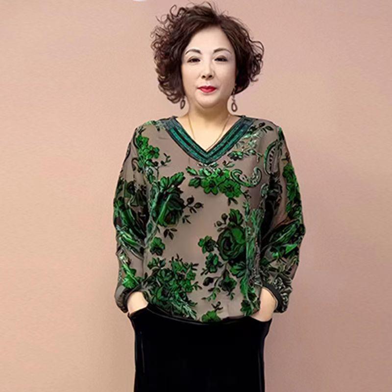 Spring Women's Velvet Blouse Rhinestone V-Neck Flocked Silk Blouse Soft Skin-Friendly Loose Plus-Size Blouse