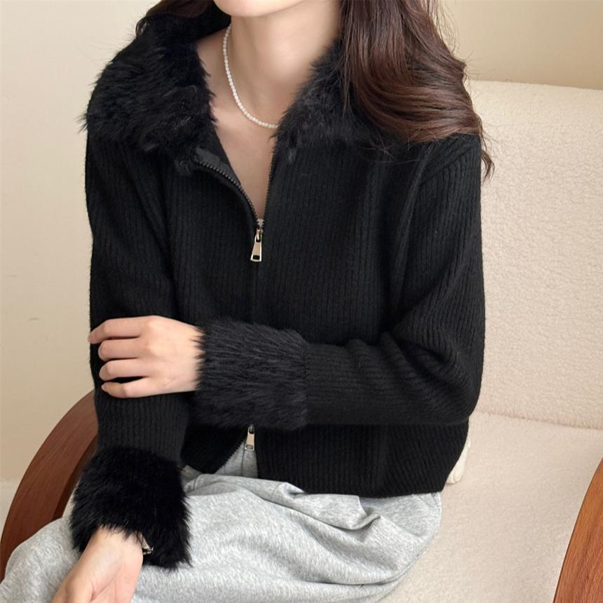 

Korean Autumn Winter turndown collar Sweater Women s Splicing Long Sleeve Temperament Short Zipper Knitted Cardigan coats female One Size