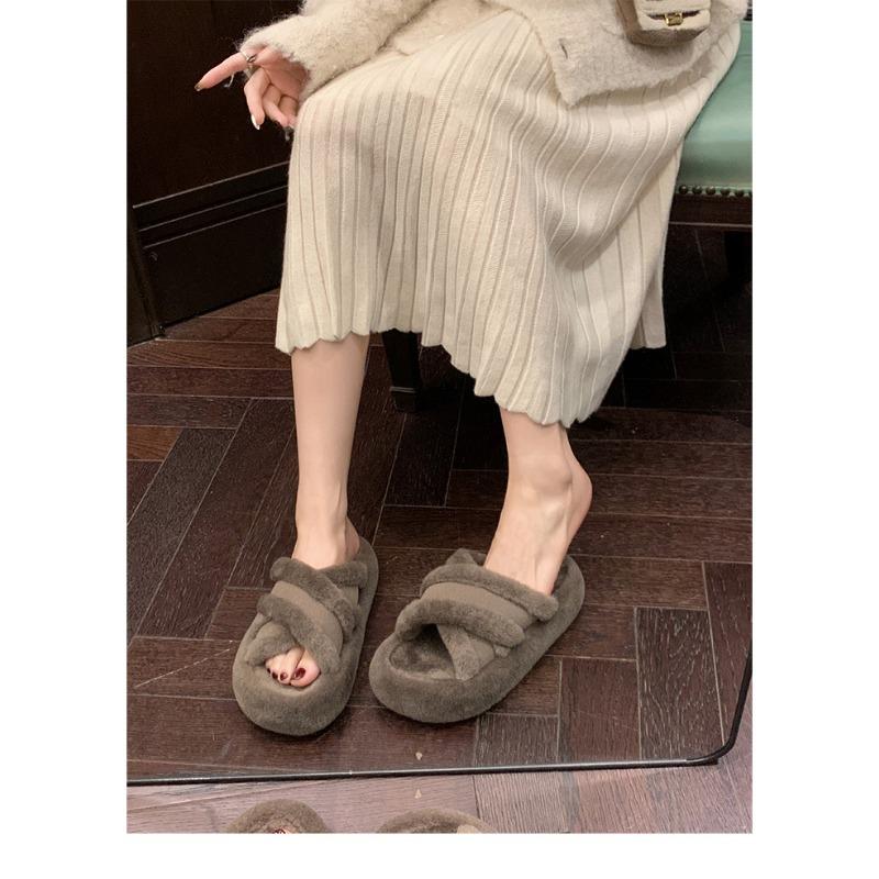 

Мао Мао перекрещенные ремешки сращивание теплый повседневный стиль толстая подошва тапочки женские новые осенне-зимние модели 40 серый