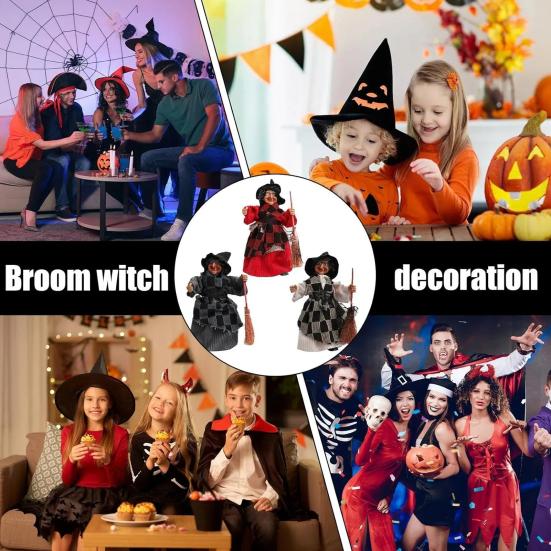 Halloween Witch Doll Decoration Spooky Witch Statue with Broomstick for Home Living Room Fireplace Mantel End Table Desktop Decor