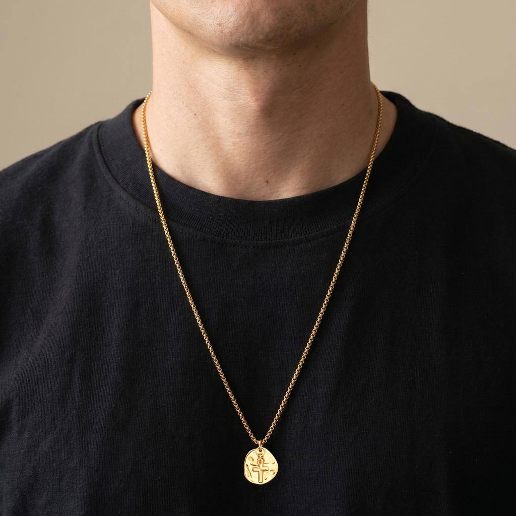 Vnox Men Cross Pendant Necklace, Stainless Steel 60cm Box Chain Irregular Disc Choker, Silver Gold Color Christian Jewelry Gift