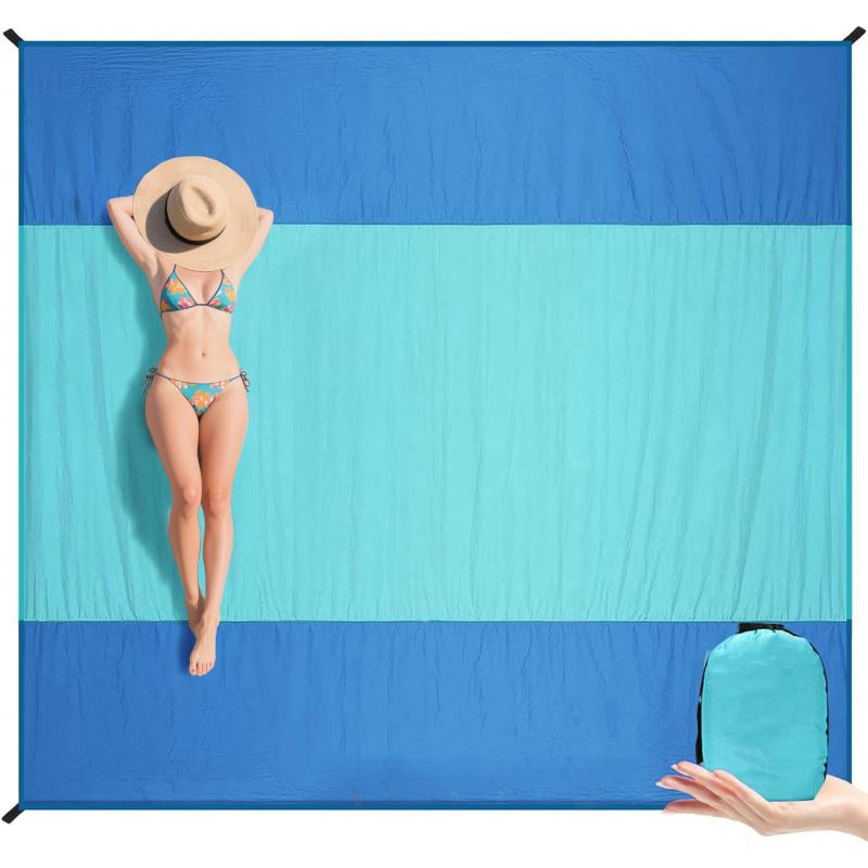 Oversized 6.9'X6.6' Beach Blanket Sandproof Waterproof Nylon Picnic Mat With Stakes Ultralight 12oz For Camping Travel