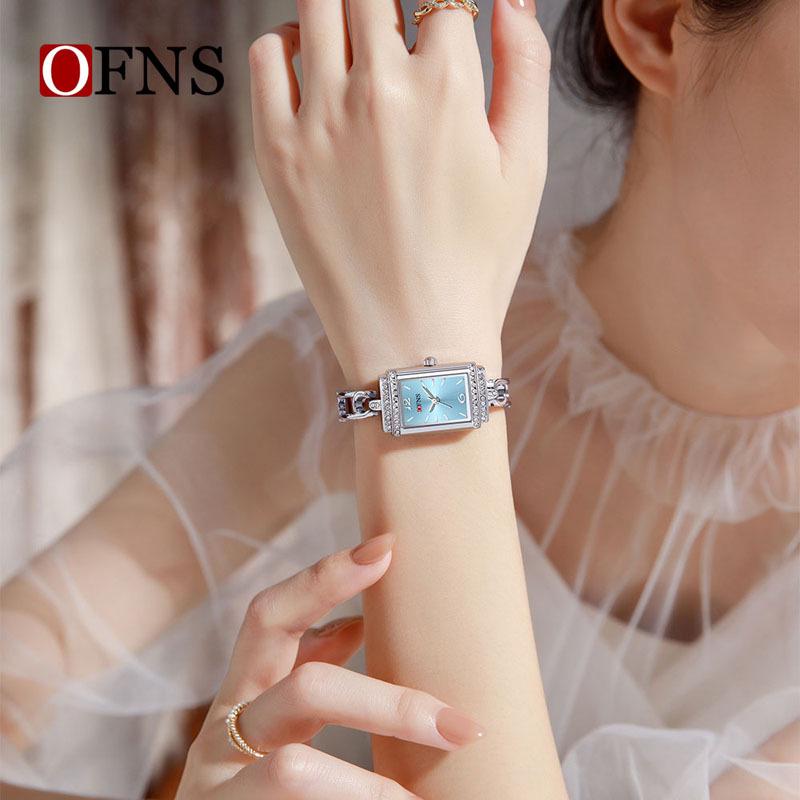 OFNS Women's Luxury Square Leather Strap Watch - Waterproof Quartz with Diamond Detailing