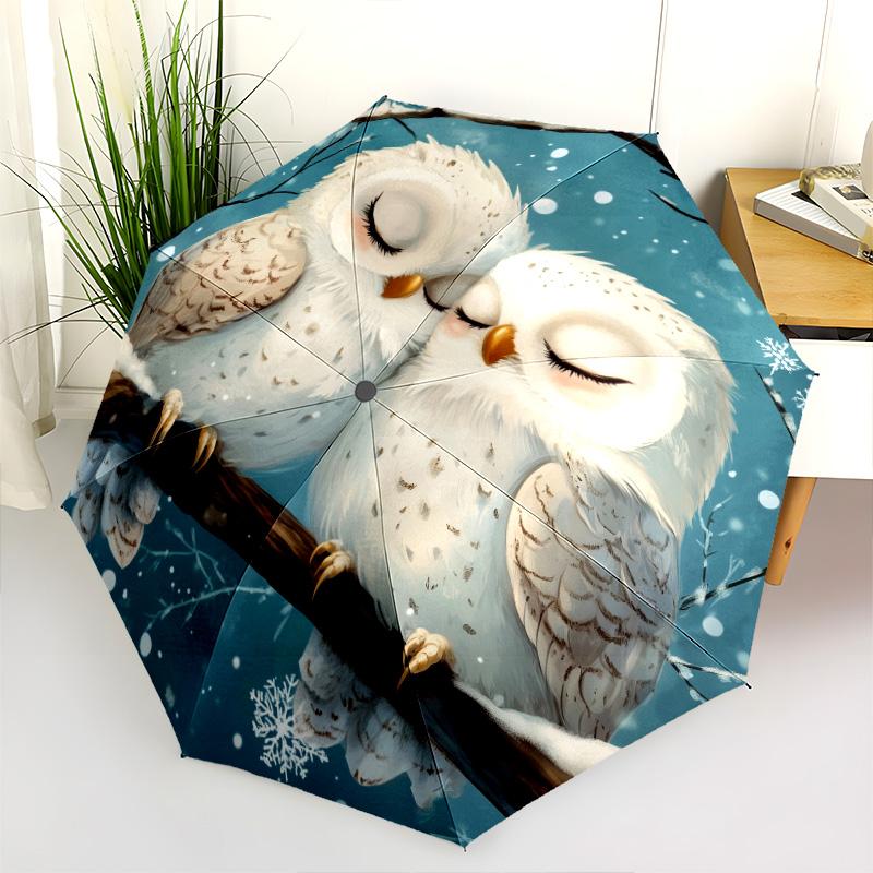 Owl  Pattern, Automatic Folding Umbrella, Portable and Foldable Design, 8 Ribs, a Christmas or Birthday Gift.